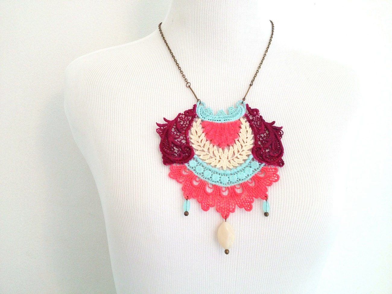 Lace Statement Necklace in Oxblood Coral Blue and Ivory with Beads