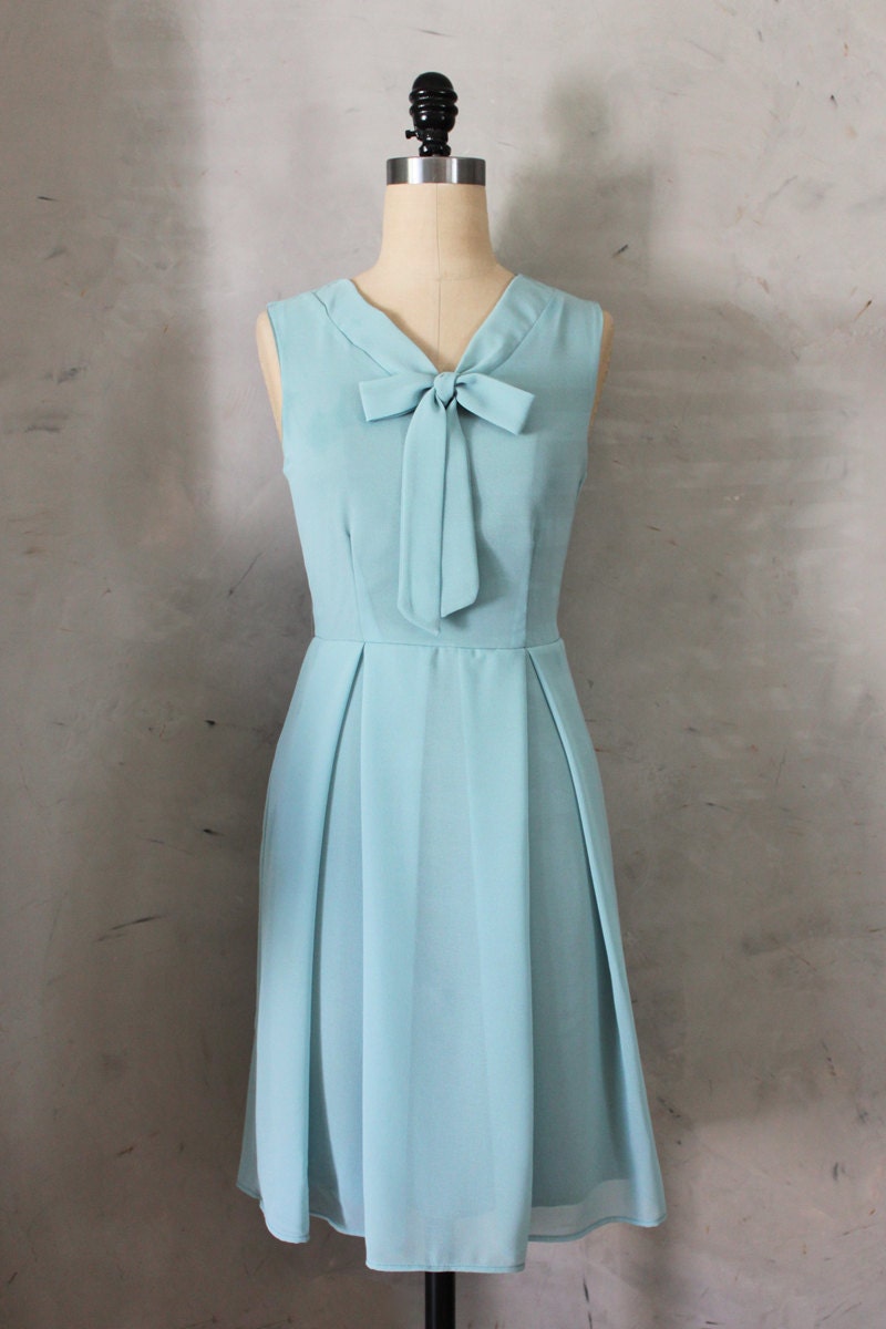 MADELINE - BASIL Seafoam blue green scarf neck tie dress// retro // vintage inspired // pleated skirt // bridesmaid dress // garden // mod