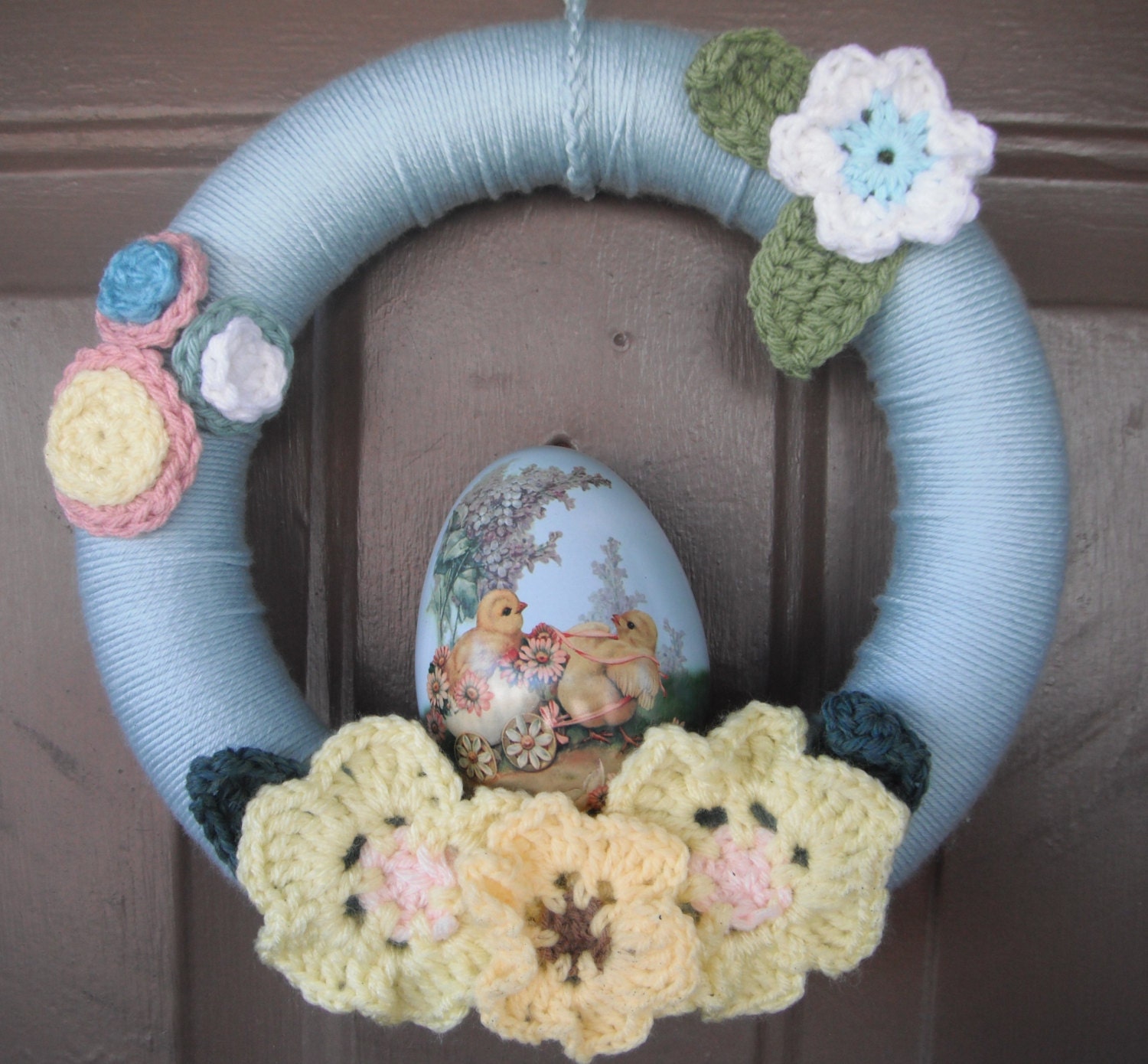 Easter Wreath - Yarn Wrapped Wreath - Light Blue with Candy Tin - Crochet Floral Wreath - Nursery Decor - Ready to Ship - OOAK