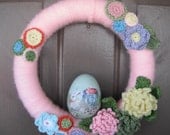 Easter Wreath - Yarn Wrapped Wreath - Soft Pink with Egg Shaped Candy Tin - Crochet Floral Wreath - Nursery Decor - Ready to Ship - OOAK