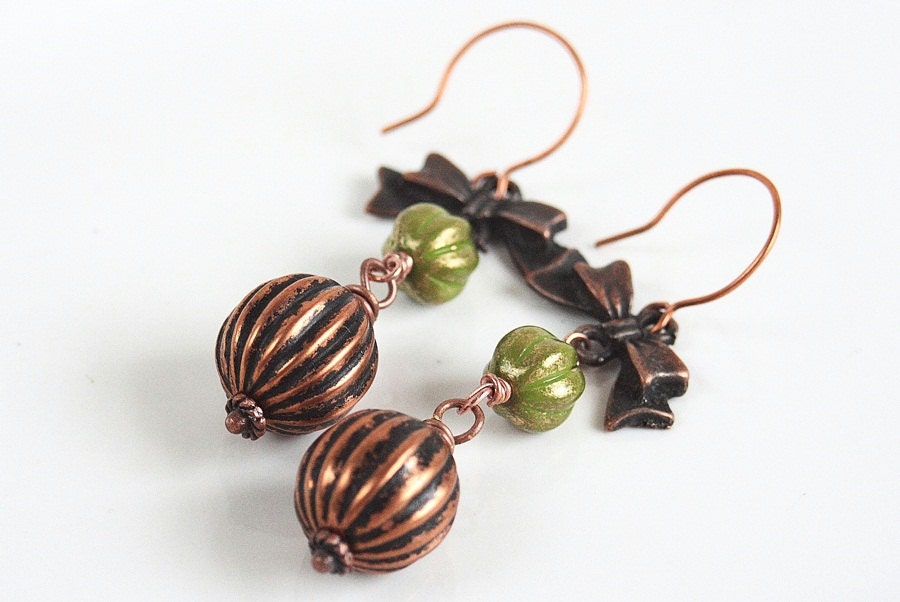 Copper Bow and Green Beaded Earrings Victorian Inspired Edwardian Olive