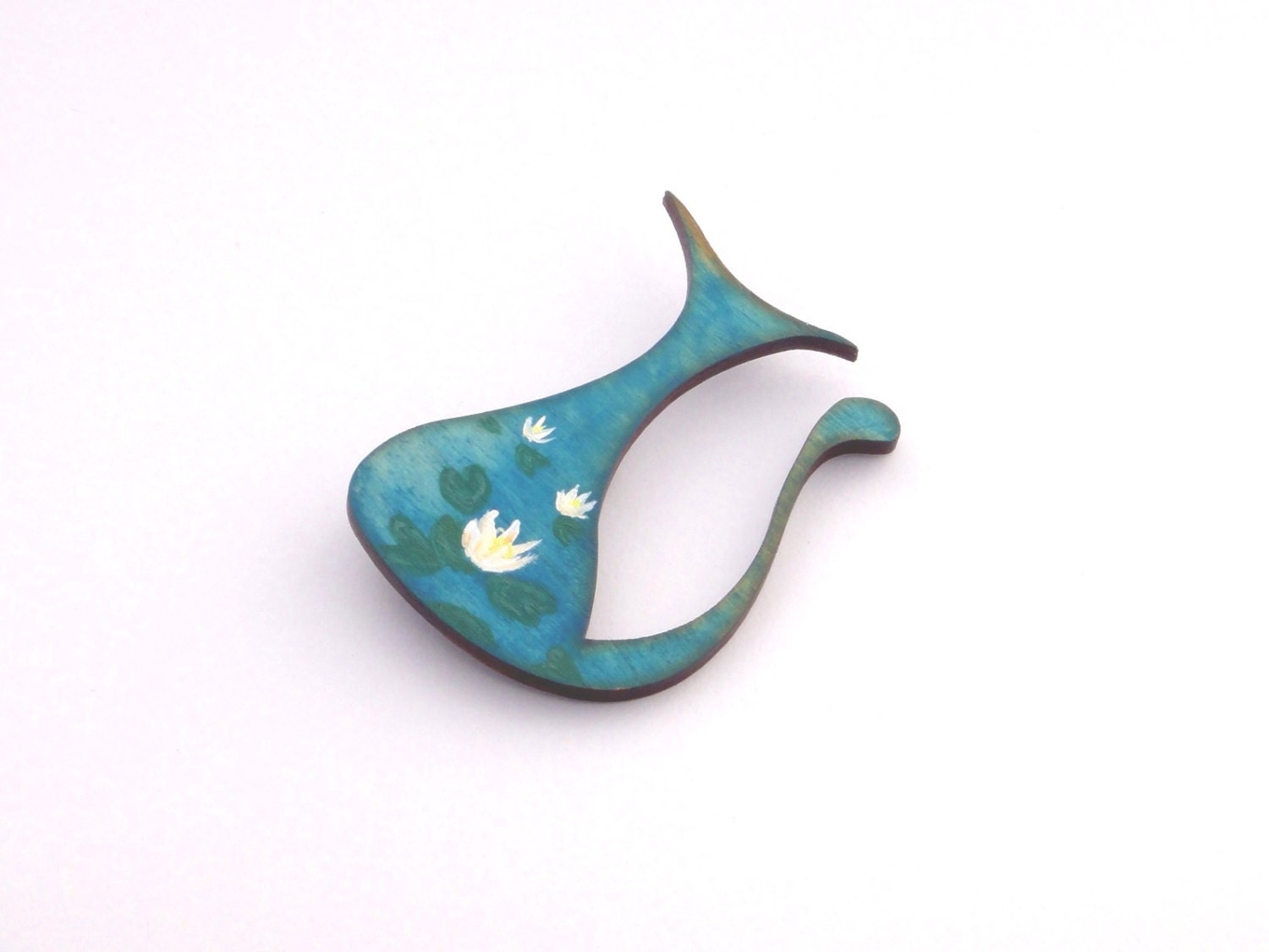 OOAK Cat Wood Pin, with Water Lilly, Abstract Cat, Aqua and Lilly Pad Brooch