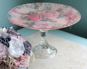 Vintage Cake Stand for Vintage Tea Party / Vintage Pink Roses / Cupcake Stand Dessert Pedestal Jewelry Holder / Wedding Bridal Hostess Gift