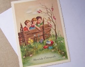 Vintage GERMAN EASTER Postcard - 1950s -  Children - Springtime Flowers - Easter Eggs