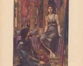 King Adores Ethereal Beauty-Medieval Romance-Love-Knight-Throne-Queen-Crown-Beggar Maid-Grace-1913 Antique Color Art PRINT-Gothic Picture