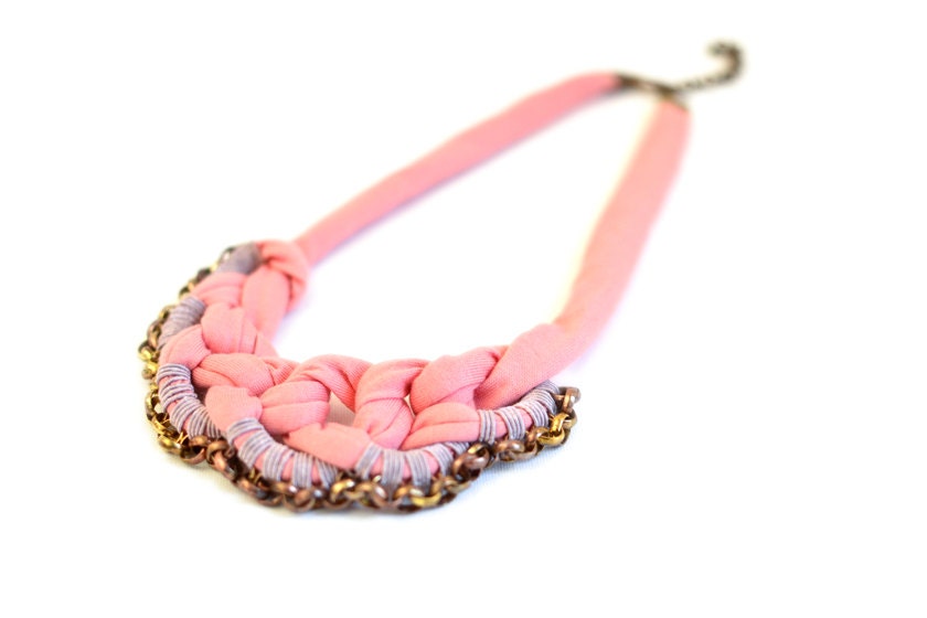 Romantic Statement Necklace, Fabric Bib Necklace,Light Coral Red and Mauve Rose with Oxidised Chain