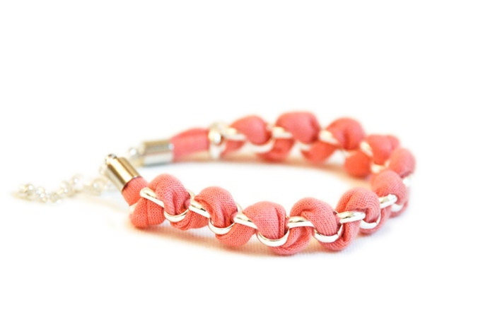 Coral Fabric Bracelet, Woven Jersey Bracelet, Tangerine Silver Chain