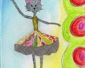 Original Mixed-Media Colorful Ballet Cat  5" x  7"  Bright Tutu