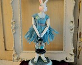 Rabbit art doll holding wire bird cage - OOAK clay and cloth figure - fun easter decoration