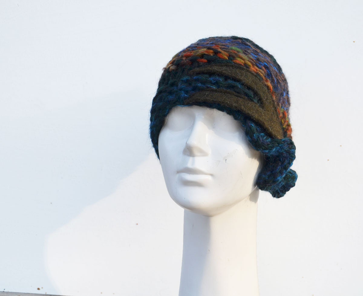 Cloche hand knited asymmetric, retro, dark indygo and  brown felt decoration ooak winter beanie woman hat , boho