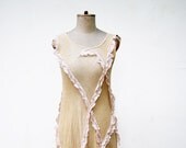 beige dress linen long S size pastel pale light peach ecru OOAK woman unique fashion design, eco friendly look, wearable art clothing
