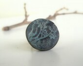 Dark verdigris polymer clay ring - princess bird on branch - woodland  - antiqued finish - dry pastel - brass adjustable ring