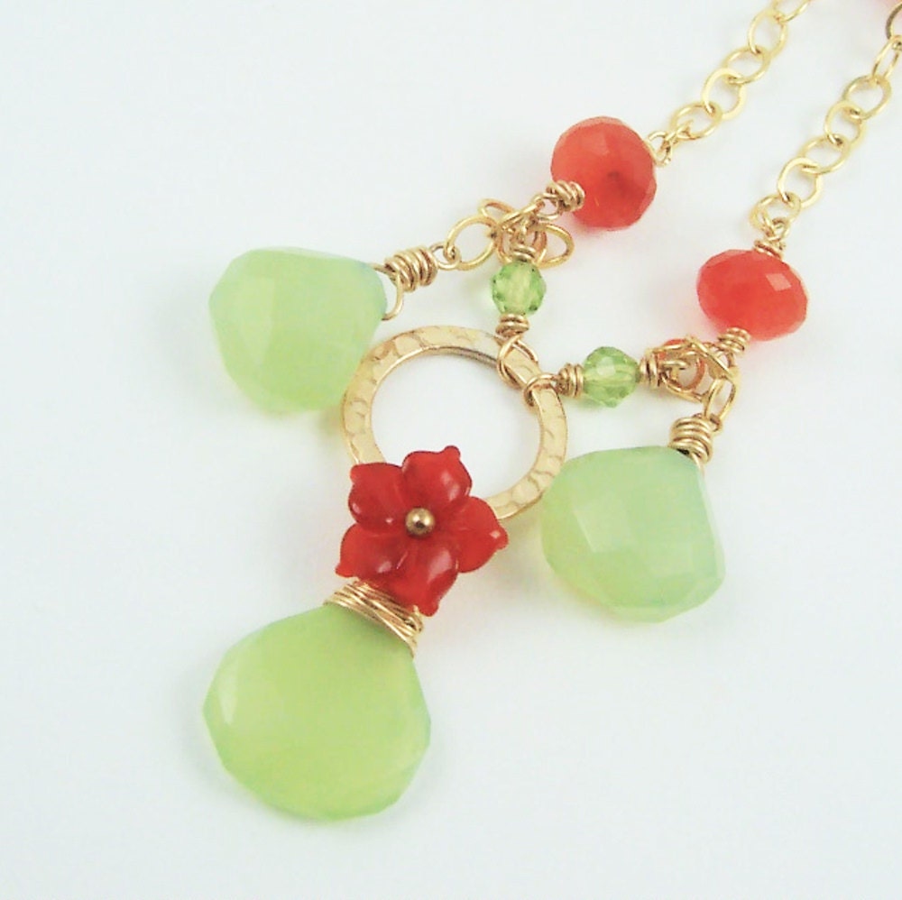 Green Chalcedony Necklace Carnelian Peridot Gemstone 14kt Gold Fill Carved Flower Wire Wrapped Briolette Lime Orange Handmade Jewelry By SS