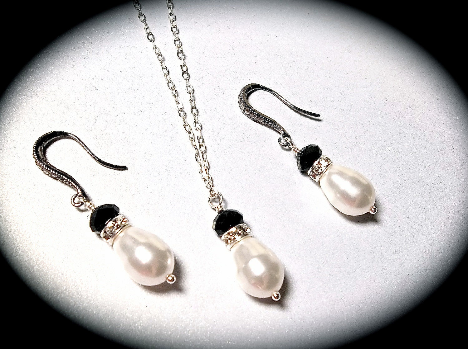 Pearl necklace and earring set - Stunning Black Tie Pearl set - Sterling Silver - Dramatic and VERY Sharp - Bridal jewelry -