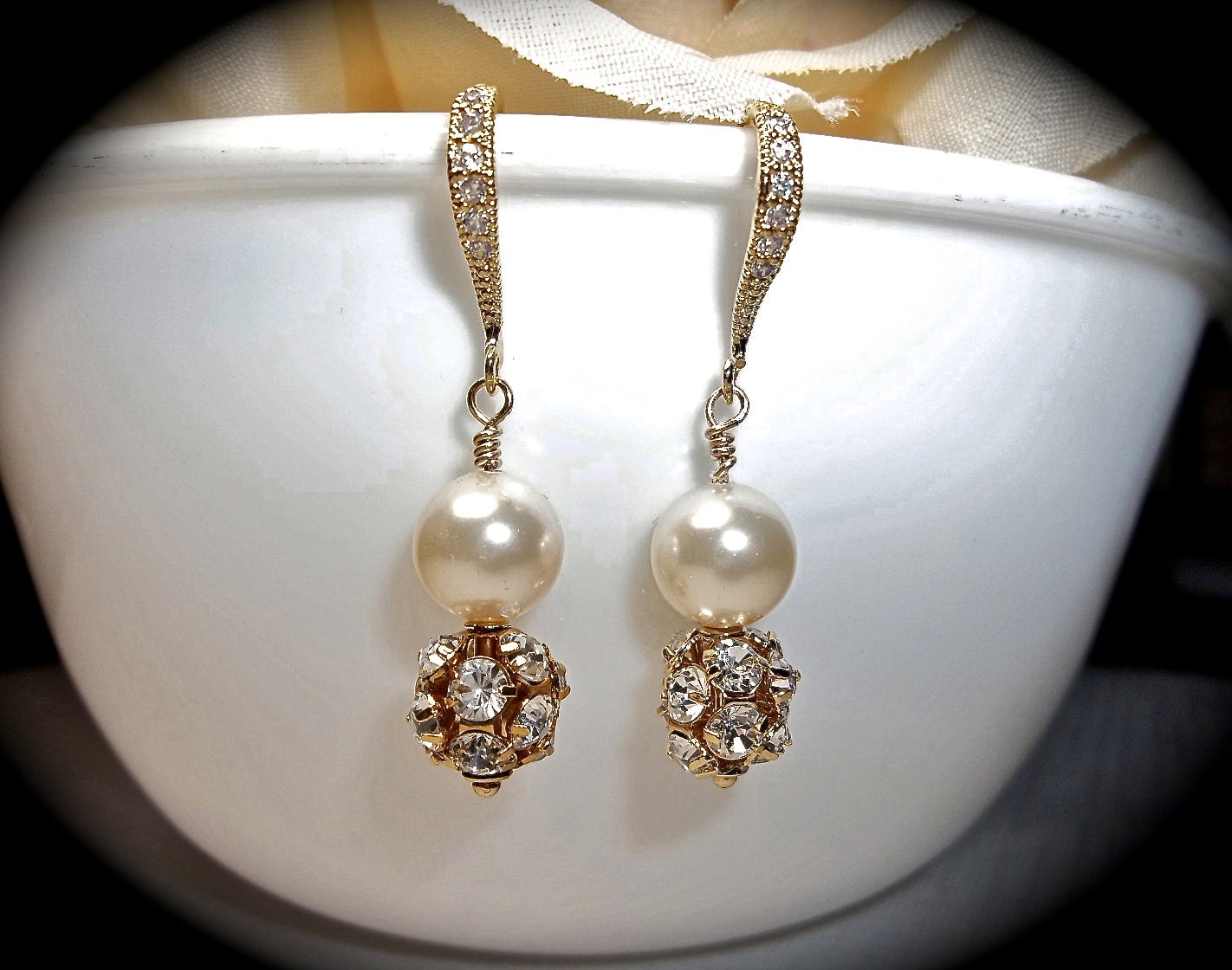 Pearl Earrings - Ivory/cream pearls - Swarovski's Gold Rhinestone fireballs - Bridal jewelry - Bridesmaids - Gift- Formal jewelry -