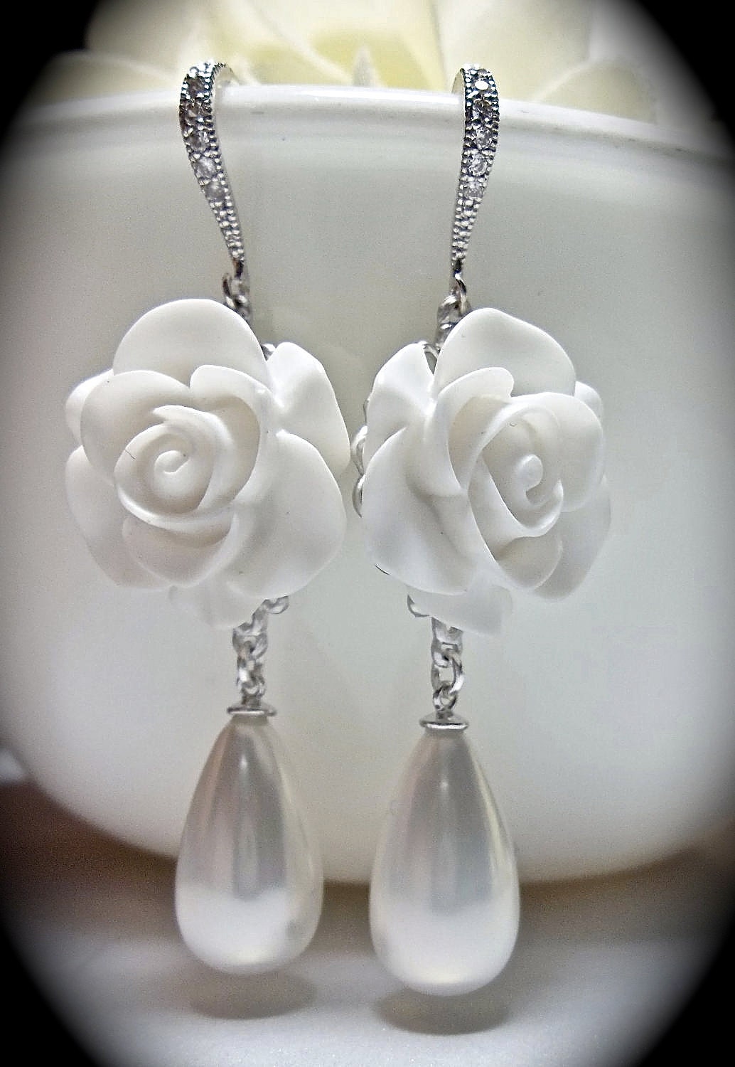 Bridal earrings - Long - White Rose - Cabochon -Sterling silver - Pearl drops - Statement earrings - BEAUTIFUL-