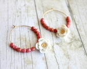 Spring Girl Rose Flower Hoops Earrings. Beach Wedding. Pink Coral and White Flower. Fashion, Spring Wedding. Bohemian. Summer.