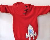 Red Button-Neck Sweater with Rocket Ship (ladies x-small, ooak)