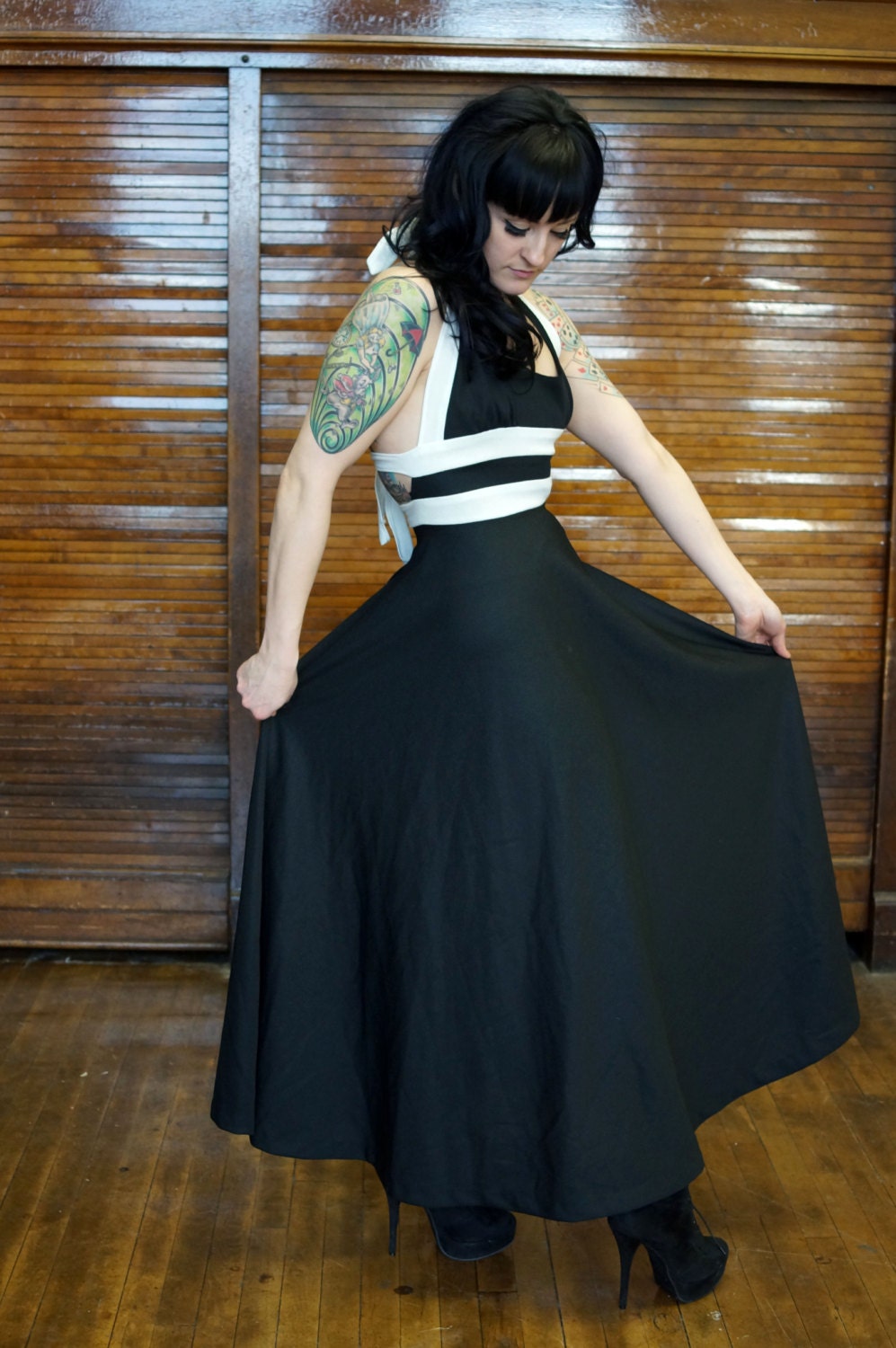 Vtg 70s Black & White Halter Maxi Dress