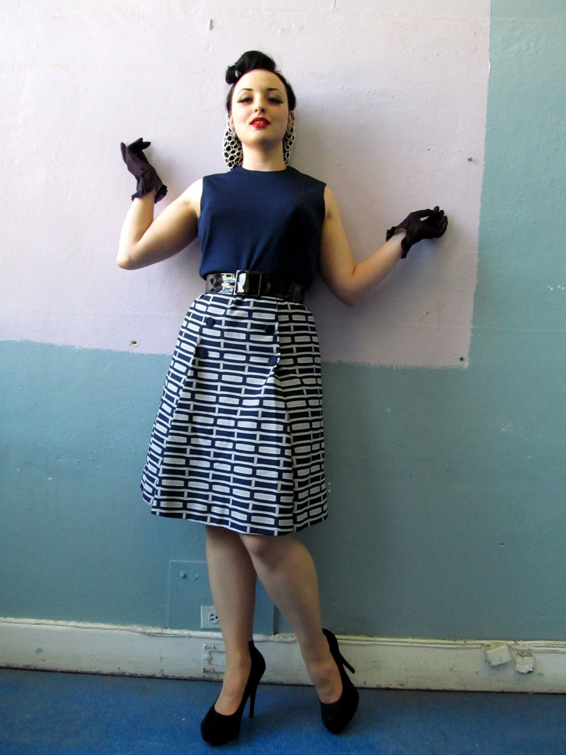 Vtg 60s Mod Navy Dress / Op Art Shift / Geometric Abstract