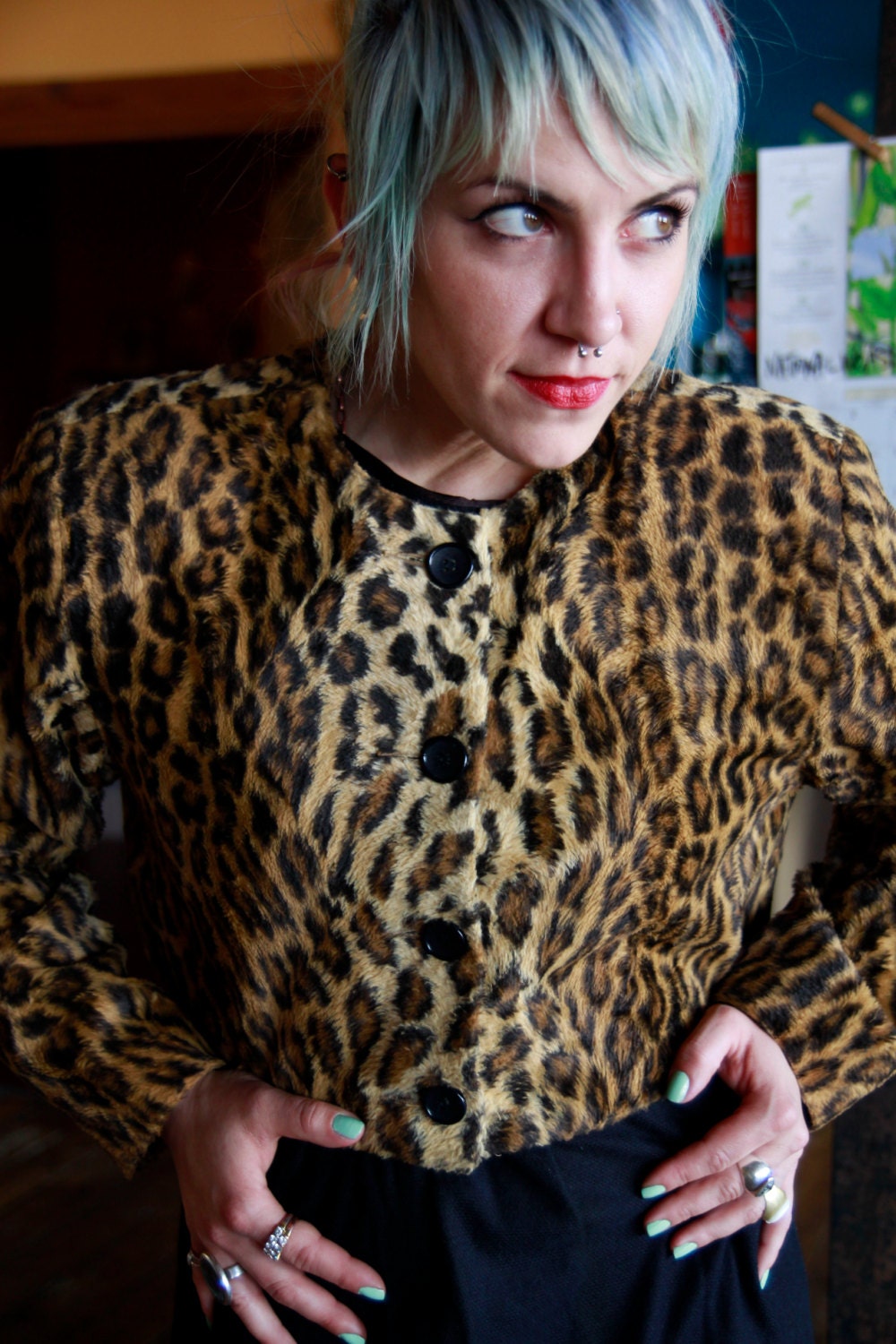 Vtg 80s Faux Fur Leopard Crop Jacket / Cathy Hardwick