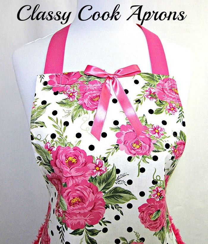 Apron PINK Posies & BLACK Dots, CHIFFON Rosette Trim, Vintage Inspired, Girly Pretty Party Hostess Kitchen Gift