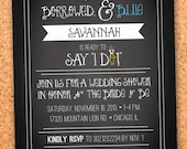 rustic chalkboard wedding shower something borrowed, something blue invitation custom printable-- digital file 5x7