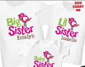 Birds Big Sister Shirt, Birds Little Sister Shirt & Birds Baby Sister Shirts or Onesie - 3 Personalized Sibling Shirts