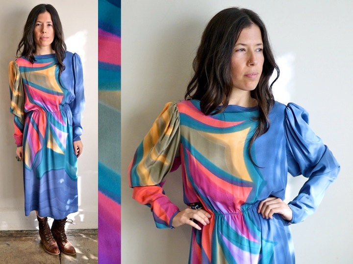 Vintage Hand Painted Silk Dress with Elastic Waist