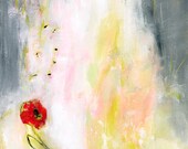 Red Flower Yellow Original Abstract Painting 12x12 acrylic contemporary art on canvas board pink grey gift for her