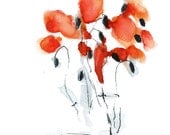 Red Poppy Original Abstract Art Watercolor Painting Orange Grey 8x10 whimsical gift for her girls room decor
