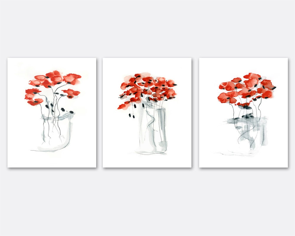 Red Poppy Print Set 8x10 watercolor gift for her bohemian boho abstract floral art for kitchen