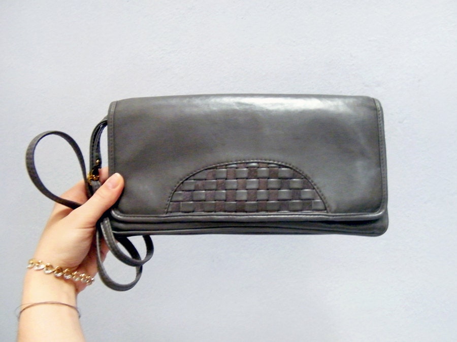90s Minimalist Gray Handbag - Vintage Clutch Bag Avant Garde Purse with Shoulder Strap, Vegan Leather, Genuine Leather - XZOUIX