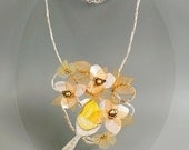 Fine art textile necklace with silk bird and amber flowers. Floral bride necklace for secret garden wedding.