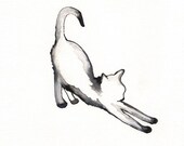 Stretching Cat / watercolor print / grey / Cat / Minimal black and white / Archival