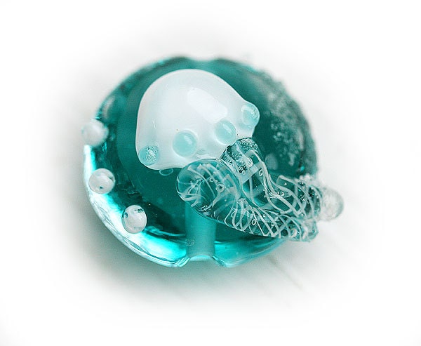 Jellyfish bead, handmade lampwork glass, Ocean teal - SRA - by MayaHoney