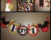 Mickey Mouse 1st Birthday Party set - photo banner, cake topper,happy birthday banner high chair banner