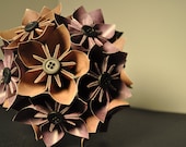 Brown and Purple with Black Buttons Origami Paper Flower Bouquet - Wedding, Bridal, Decoration, Centerpeice, Dozen, Set of 12
