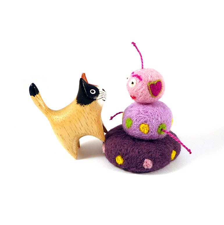 Pink and Purple Robot Catnip Cat Toy - Needle Felted Wool