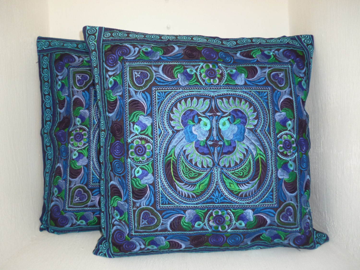 Set Blue Bird 2 Cushions Cover  HMONG Hill Tribe Thailand FAIR Trade Handmade (CS011-BB2)
