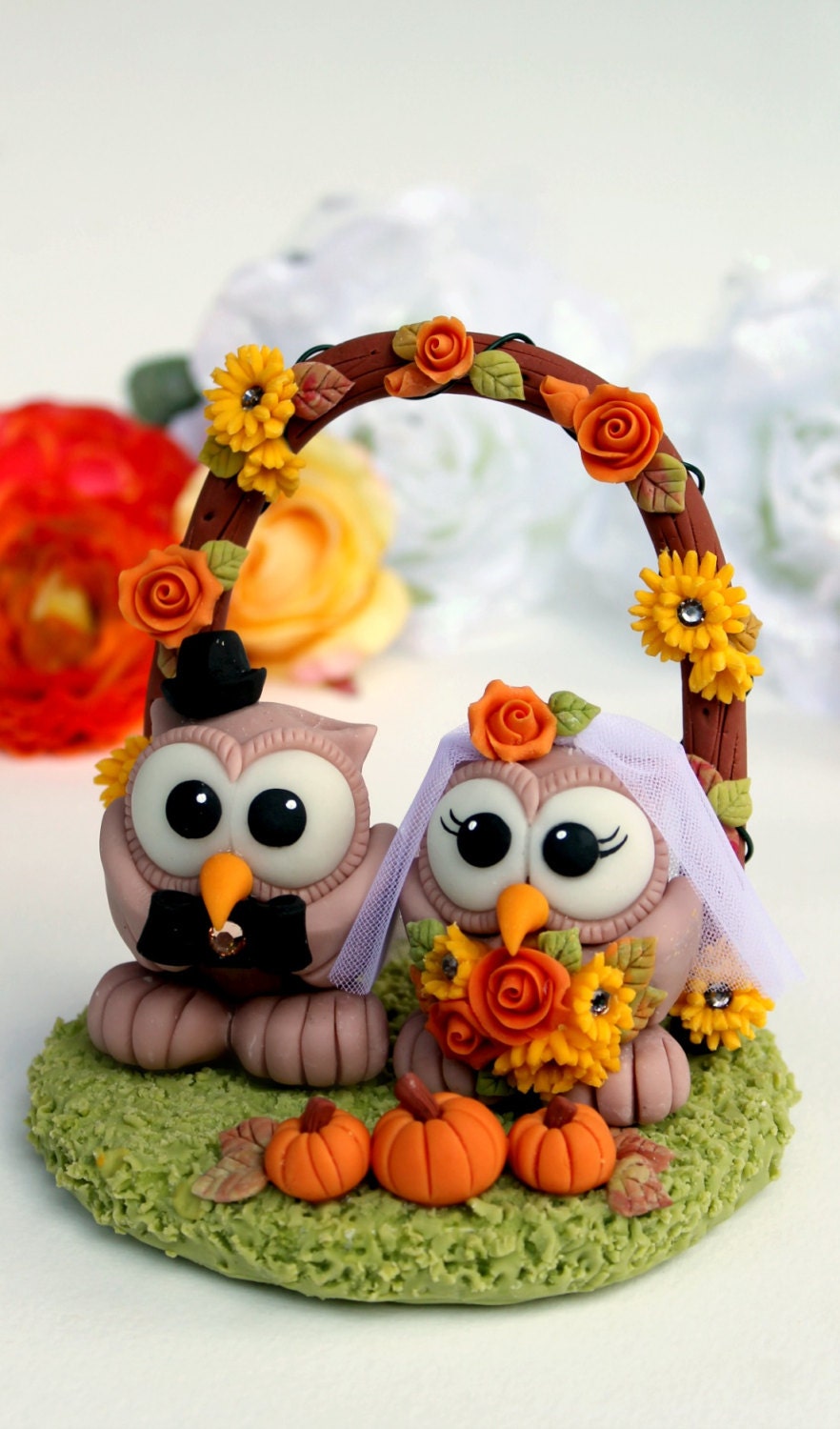 Owl wedding custom cake topper, love birds with grass base and floral arch, autumn wedding, pumpkin wedding