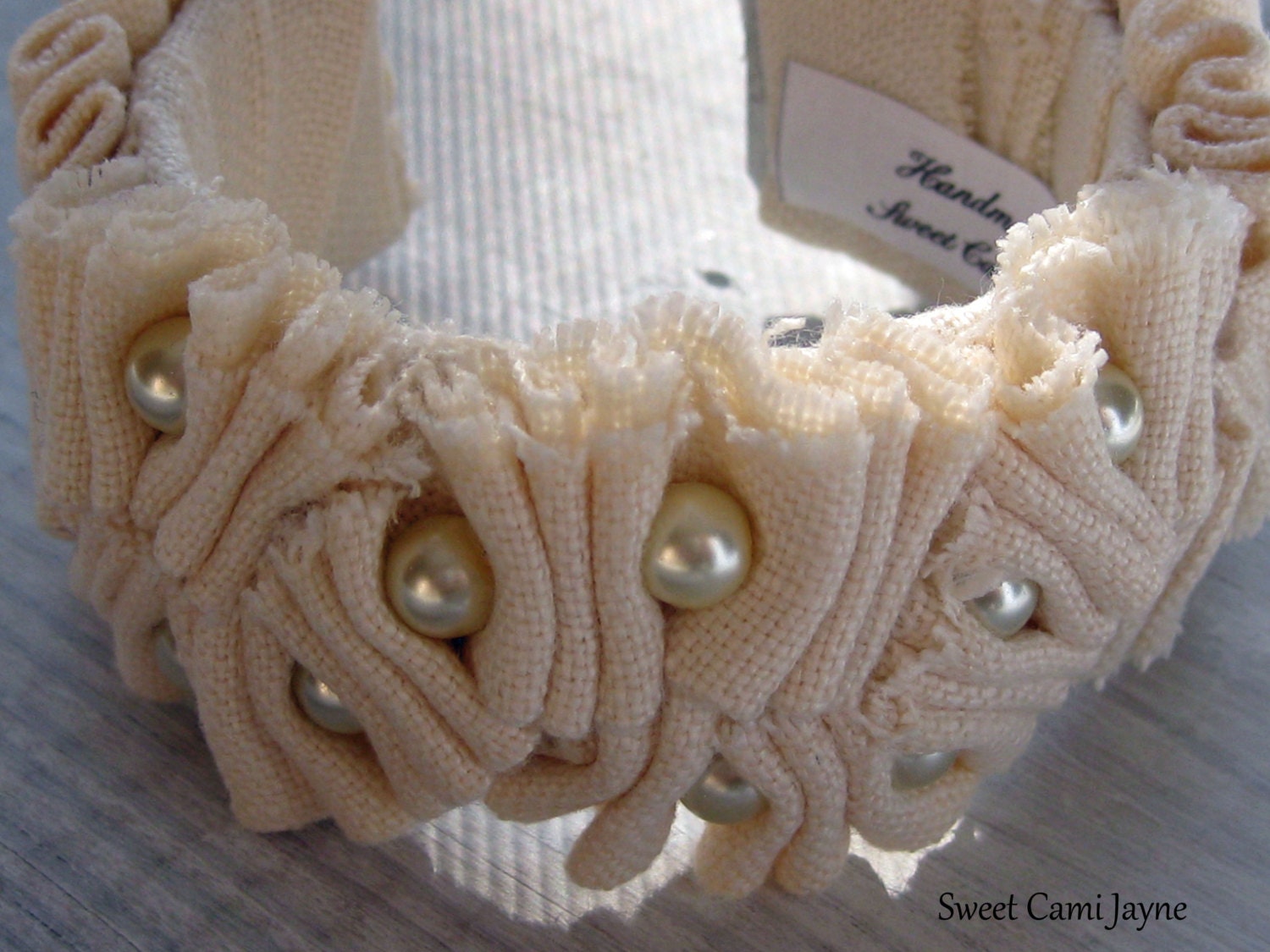 Ruffle Cuff Bracelet Cream Linen Ruffle and Pearl Cuff