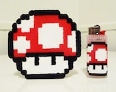 Super Mario Bros. Mushroom - Mini Hama Beads - Mini BIC LIGHTER CASE and Mushroom Wall Hang