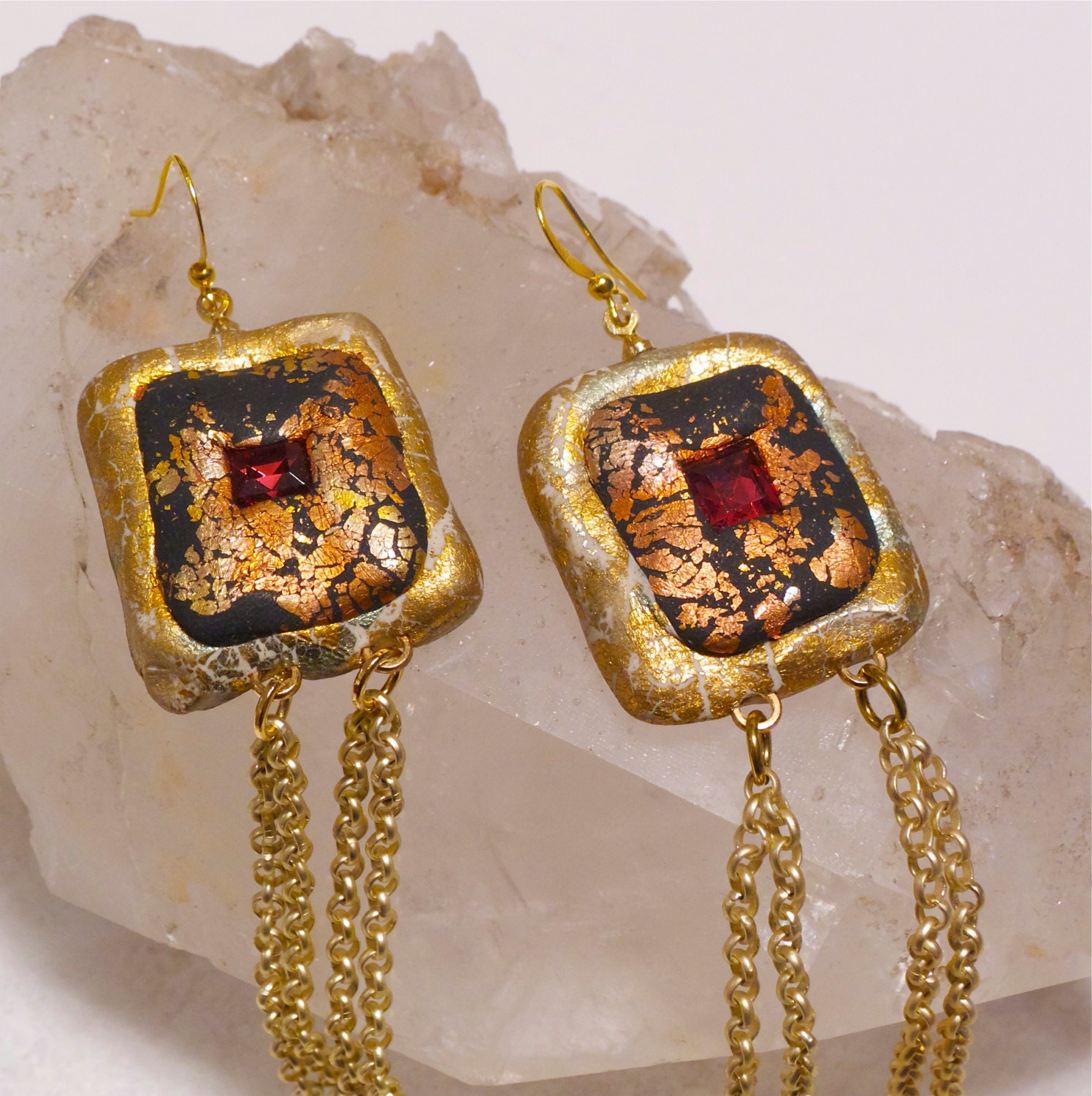 The "Viennese Nights" long dangle Earrings with Gold Leaf and Bright Pink Stone-Hand Made-One of a Kind