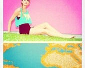 World Map sketch and painting crop top.... turquoise neon heather blue, white, and shimmer gold