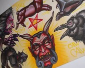devil, witch, cat, pig and bat tattoo flash, satan tattoos