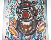 diver's helmet handpainted tattoo flash, tattoo art, scuba, diving bell, antique diving, sea, ocean, nautical art
