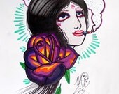 dirt weed tattoo girl, stoner art, mary jane, ink and marker with watercolor