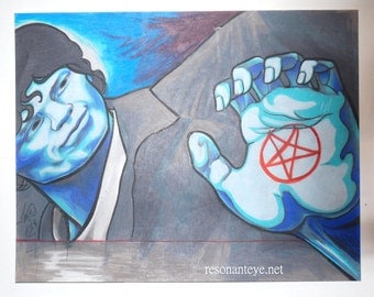 richard ramirez portrait art, night stalker,  blue serial killer portrait painting, true crime art, evil, satan, devil, wicked