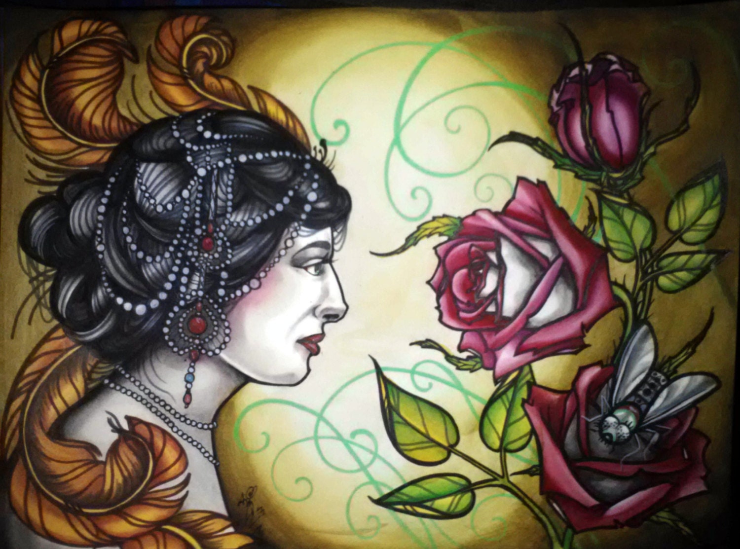 tattoo flash print, tattoo art style, roses and fancy lady, 11x14 print